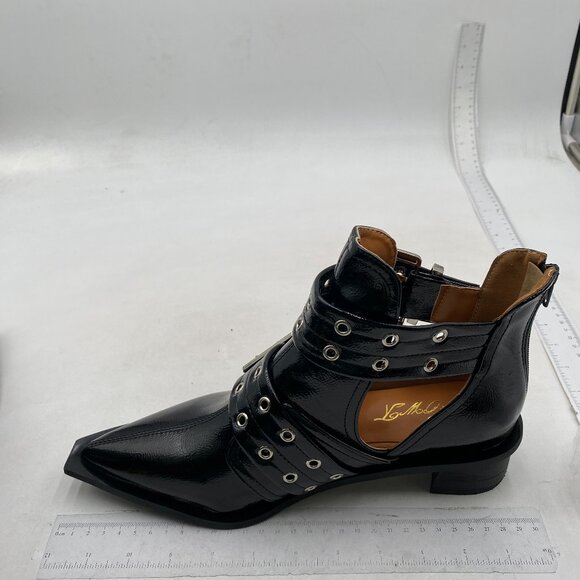 FOWT Black Pointed Toe Chelsea Chunky Heel Ankle Boot Hollow Cut Strappy Shoes - Picture 2 of 8